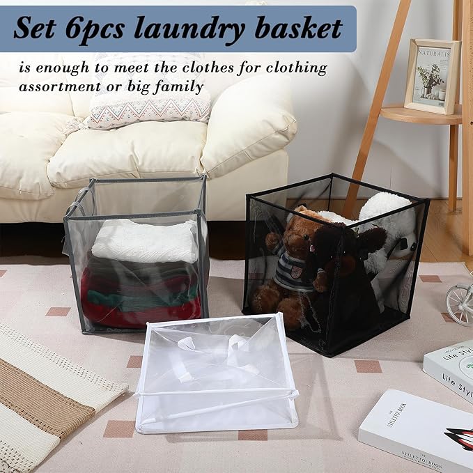 Zopeal 6 Pack Popup Laundry Hamper 13 Inch Collapsible Laundry Baskets with Handles Mesh Clothes Baskets Portable Single Layer Foldable Clothes Hamper Square Bin for Washing (Multicolor,Single-layer)
