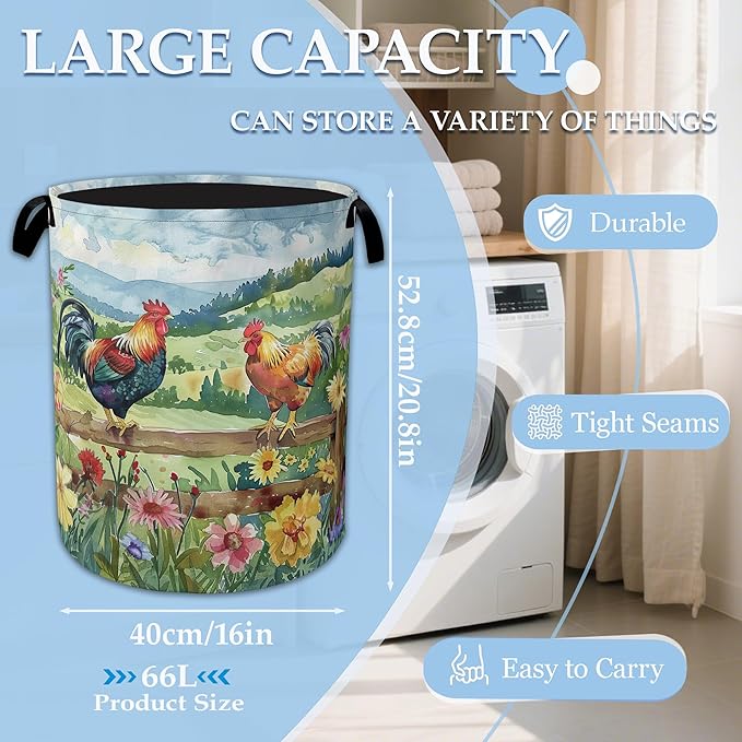 Rooster Laundry Hamper Farm Floral Laundry Basket Collapsible Portable Clothes Toy Storage Bin for Bathroom Bedroom Room Decor 16 X 20.8 Inch