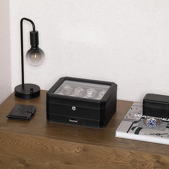 ROTHWELL 8 Slot Leather Watch Box with Valet Drawer - Luxury Case Display Jewelry Organizer, Locking Display Case Holder, Real Glass Top - Watch Box Organizer for Men & Women (Black/Grey)