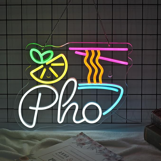 Pho Neon Sign Led Light up Sign for Business Vietnamese Pho Restaurant Vietnam Noodles Shop, USB Powered Ultra Bright Dimmable Neon Billboard 15" x 12.6"