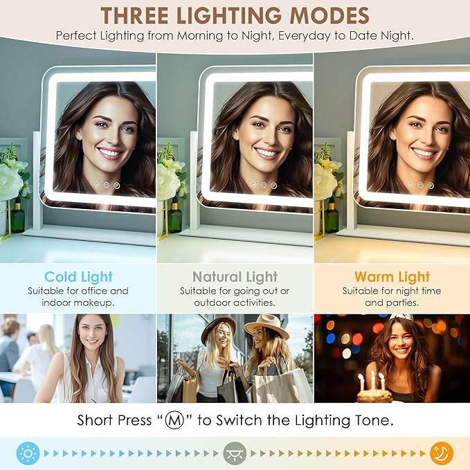 Sucedey Vanity Mirror with Lights, 18.1" L x 14.2" W LED Makeup Mirror, Hollywood Mirror with 3 Color Modes & Adjustable Brightness, Detachable 10x Zoom Mirror, 360 Degree Rotation (White)