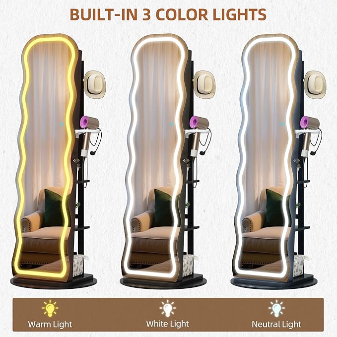 Vlsrka LED Mirror Jewelry Cabinet Standing, 360° Swivel Jewelry Aromire Organizer with Wavy Mirror, Lockable Jewelry Mirror with Storage, Jewelry Cabinet, Interior Mirror, Flodable Shelf, Black