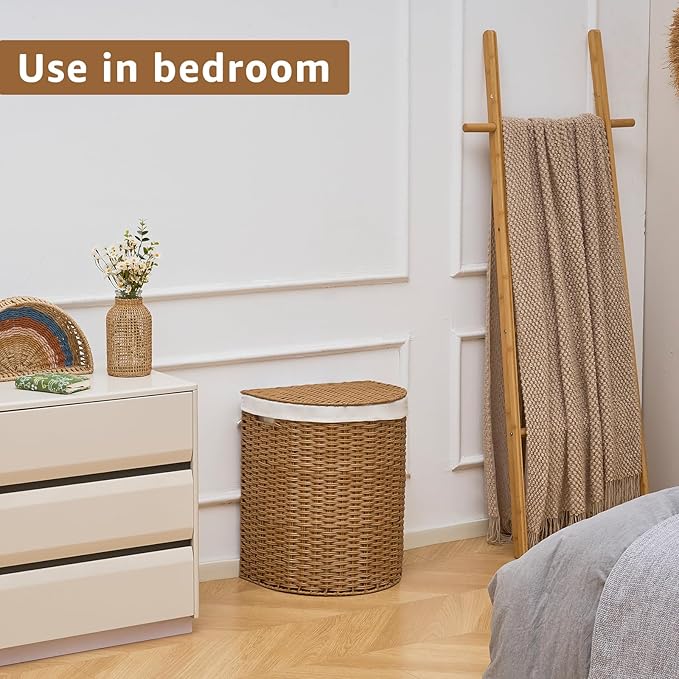 Wicker Half Moon Laundry Basket with Lid and 2 Replaceable Liner Bags, Handwoven Rattan Hamper for Dirty Clothes, Rattan, 60L