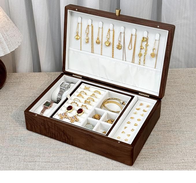 Bescott 2 Layer Solid Black Walnut Wooden Jewelry Box for Women Wood Vintage Organizer for Men Earrings Rings Necklaces Bracelet Watch Storage Mother's Day Gift