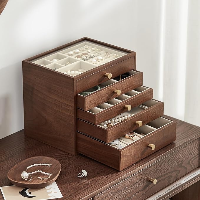 CHOSIN Black Walnut Wooden Jewelry Box Women large 5 Level Drawer Organizer Box with Glass Lid for Necklaces Watch Necklace Ring Earring Storage Valentine's Day Gifts