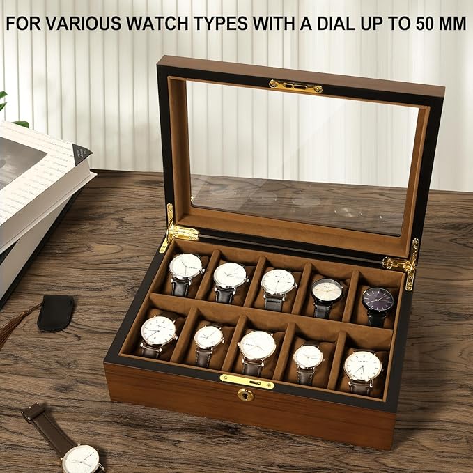 Uten Watch Box with 10 Slots, Watch Case Organizer with Golden Lock and Key, Wooden Watch Display Storage Box with Removable Watch Cushions, Velvet Lining, Metal Clasp, Gift for Men & Women