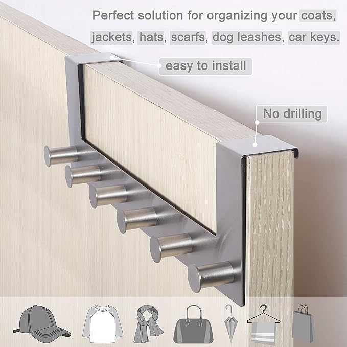 WEBI Over The Door Hook Door Hanger:Over The Door Towel Rack with 6 Peg Hooks for Hanging,Door Coat Hanger Towel Hanger Over Door Coat Rack for Clothes,Back of Bathroom,Silver,2 Packs