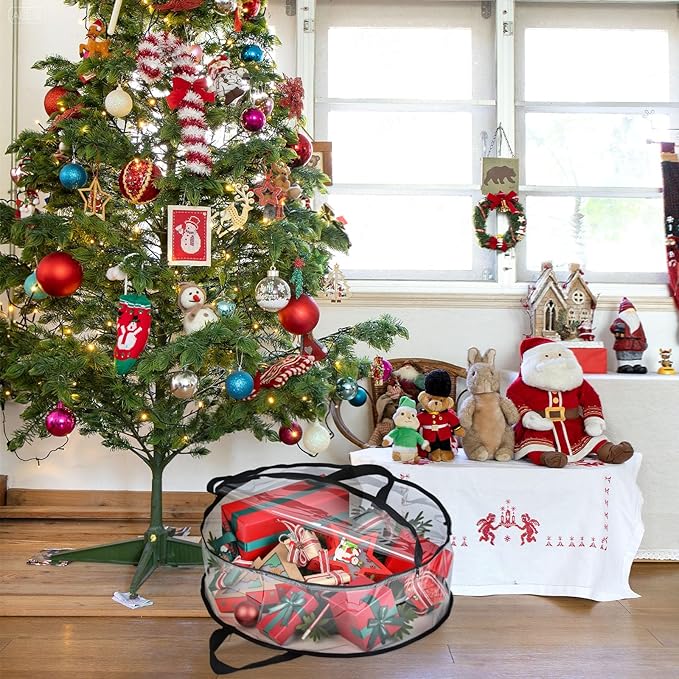 4 PCS Clear Wreaths Storage Bag, 24x8 Inch Christmas Wreaths Storage Container, Heavy Duty PVC Wreath Protector with Handle for Xmas Holiday Seasonal Wreath Garland (Black)
