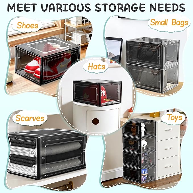 6 Pack Hat Organizer Box, Stackable Clear Baseball Caps Holder Box Containers with Magnetic Door for Hats Snapback Cap Storag, Hat Rack Display Case, Holds 8 Hats Each (Black)