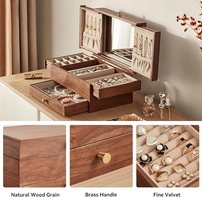 CHOSIN Black Walnut Wooden Jewelry Box for Women, 3 Level Multi-functional Drawer Organizer Box Watch Necklace Ring Earring Storage Valentine's Day Gift