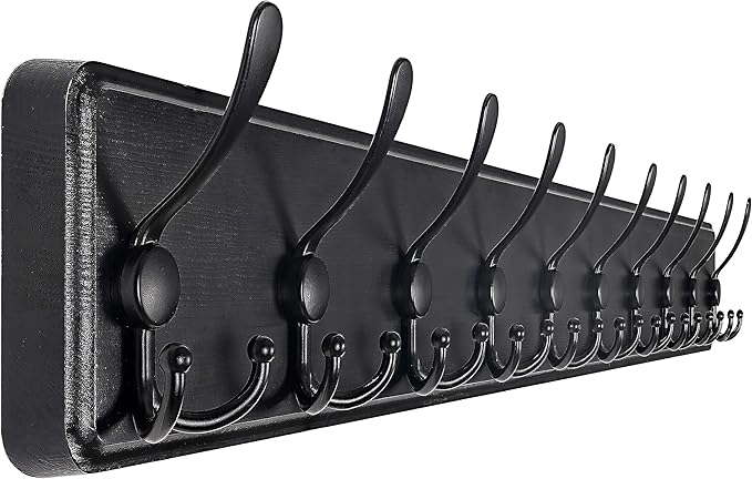 SKOLOO Coat Rack Wall Mounted - 38.3'' Long, Wooden, Heavy Duty, Rustic Coat Hooks for Wall, 16'' Hole to Hole, Wall Coat Rack with 10 Triple Hooks for Hanging Clothes, Jacket, Hat(Black)