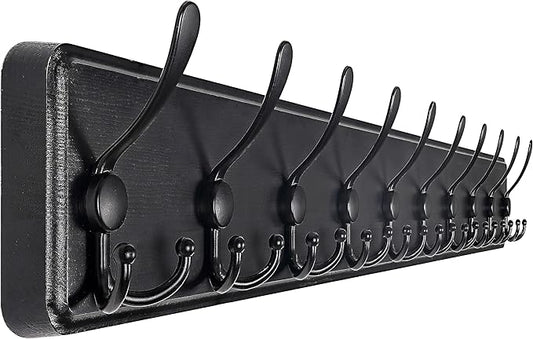 SKOLOO Coat Rack Wall Mounted - 38.3'' Long, Wooden, Heavy Duty, Rustic Coat Hooks for Wall, 16'' Hole to Hole, Wall Coat Rack with 10 Triple Hooks for Hanging Clothes, Jacket, Hat(Black)