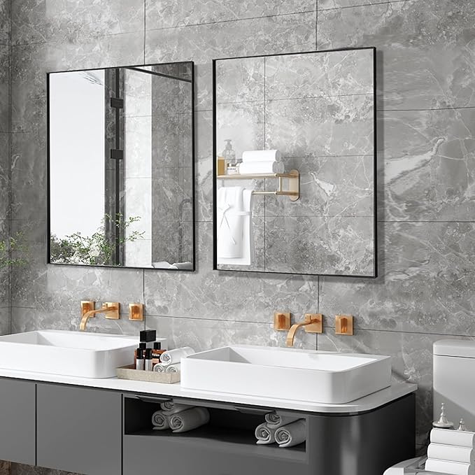 24x40 Inch Black Bathroom Mirror for Wall, Aluminum Frame Rectangle Rectangular Vanity Mirror, Modern Large for Bedroom, Living Room, Horizontal or Vertical