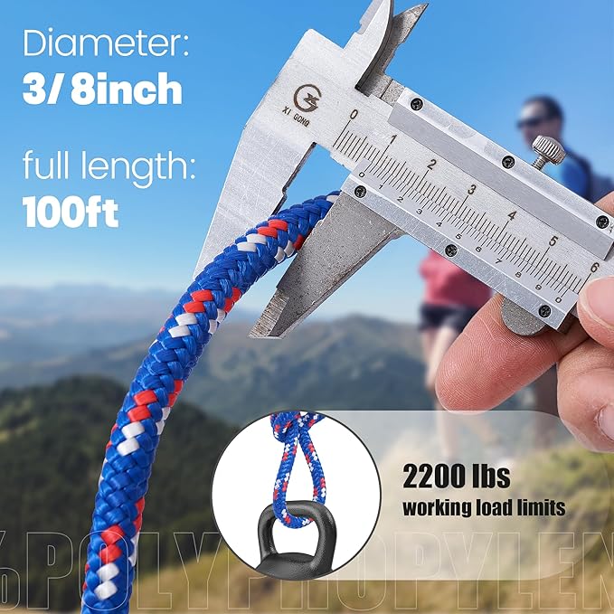 3/8 Inch 100 ft Diamond Braided Polypropylene Rope, All Purpose Thick Boat Marine Ropes for Camping and Flag Pole, Indoor and Outdoor Use, Blue