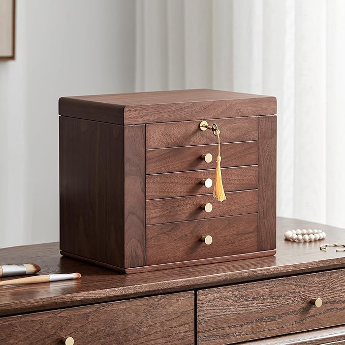 CHOSIN Black Walnut Wooden Jewelry Box for Women with Mirror, 5 Drawers and 2 Side Doors for Watches, Necklaces, Rings, Earrings Storage Valentine's Day Gift
