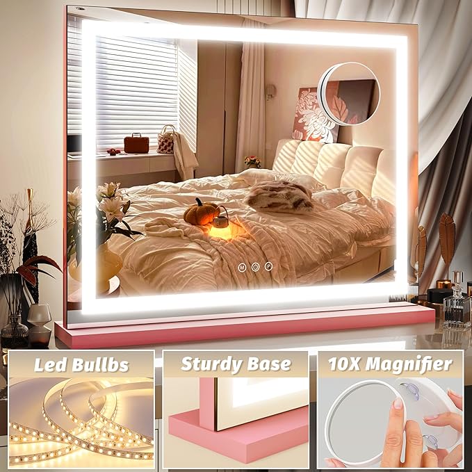 FENNIO Vanity Mirror with Lights 23"x18", Lighted Makeup Mirror, Large Vanity Mirror, Touch Sensor with 3-Color Lighting, 10X Magnification and USB Charging Port for Vanity Desk（Square Pink）