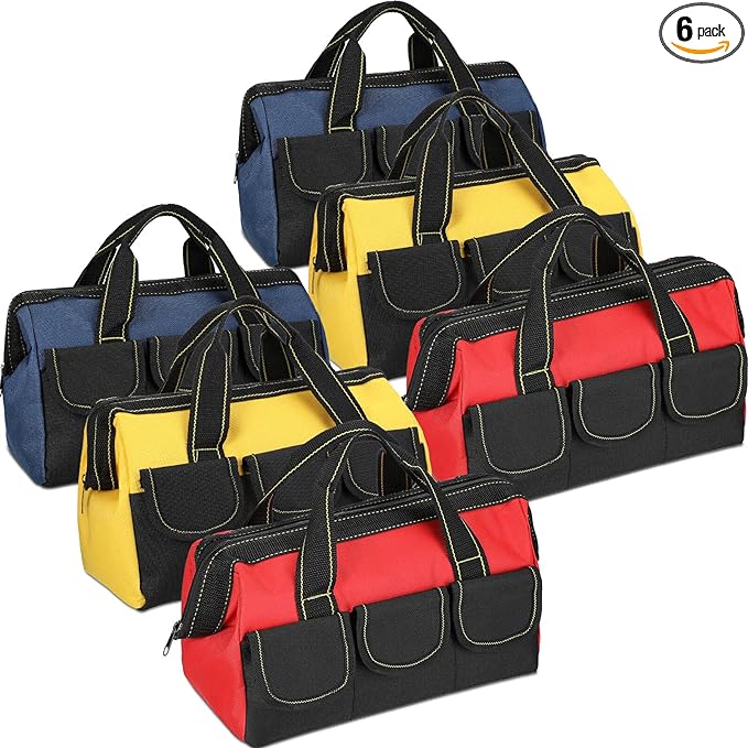 Silkfly 6 Pcs Tool Bag for Men Women Heavy Duty Tool Tote with Waterproof Hard Bottom Multi Pockets Large Mouth Organizer for Various Worker Electrician Carpenter Mechanic(13 Inch,Blue Red Yellow)