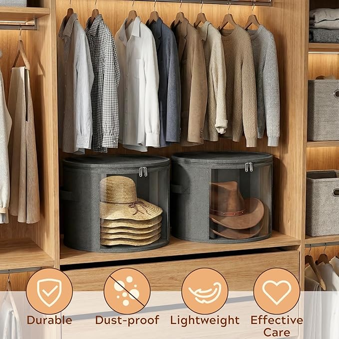 Ofiray-home 2 Pack Large Clear Hat Storage Boxes, Hold up to 7-9 Hats, Hat Organizer for Closet, Sturdy & Foldable, Hat Box with Carrying Handles for Round Brim, Wide-Brim, Cowboy, Sun Hat (Gray)