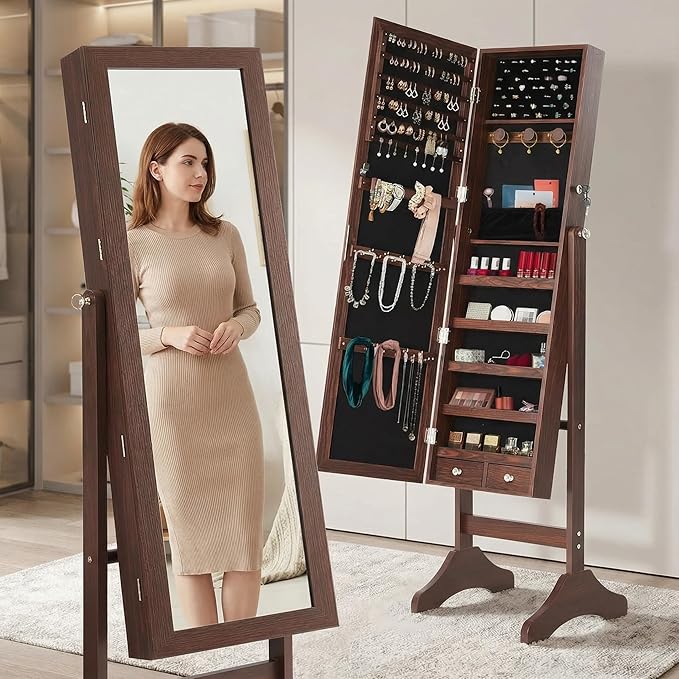 Large Jewelry Armoire with Full-Length Mirror - 47.3" Lockable Storage Cabinet, Velvet Lining, 5 Shelves, 3 Adjustable Angles & Accessory Pouch (Brown)