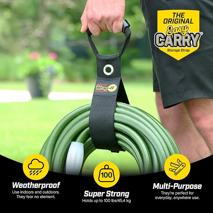 Easy-Carry Wrap-It Storage Straps - 48” (2-Pack) Black with Grommet - Garden Hose Caddy and Cord Wrap for Indoor and Outdoor Cable Organizing