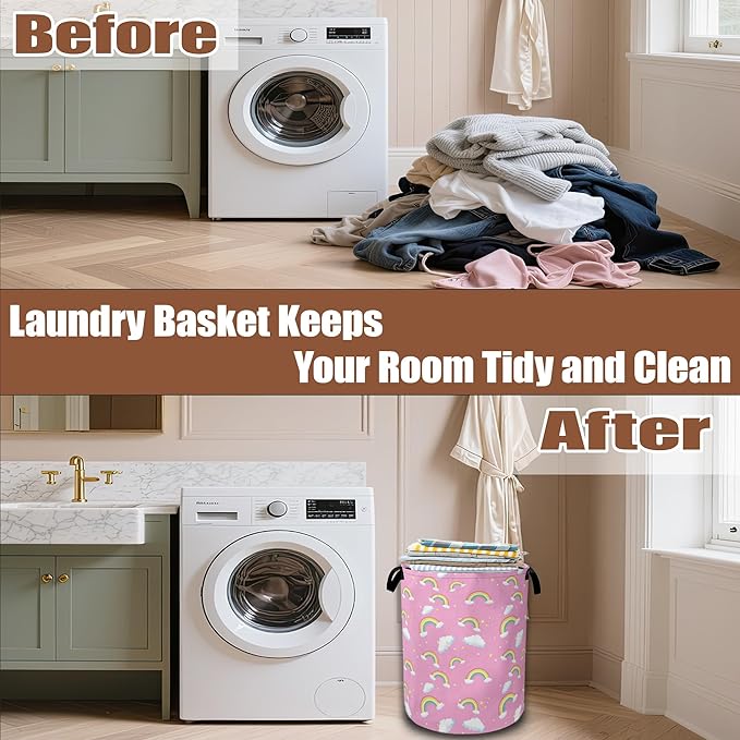 Cute Rainbow Star Cloud Laundry Baskets,Laundry Hamper,Storage Basket with Handles for Bathroom Bedroom College Dormitory Living Room Nursery Organizer 16"x20.8"