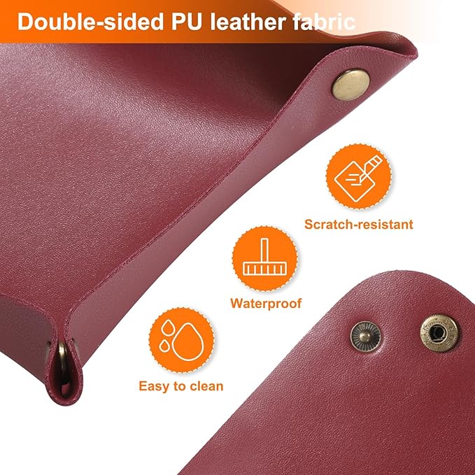 HARFINGTON 4pcs PU Leather Valet Tray Unisex Folding Small Catchall Tray Portable Entryway Table Tray Nightstand Bedside Desk Tray for Key Wallet Watch Coin Jewelry Dice, Wine Red