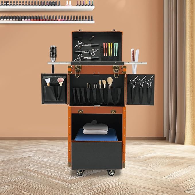 Rolling Hairdressing Case - Professional Makeup Train Case with Dual Password Locks, Cosmetic Organizer for Salon/Barber/Nail Artists (Coffee Color)