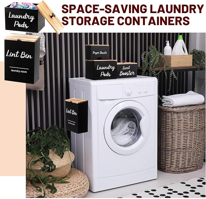 Dandat 4 Pcs Laundry Room Organization and Storage, Dryer Sheet Holder Laundry Pod Holder Scent Booster Container Magnetic Lint Bin with Scoop and Brush Wood Farmhouse Room Container(Black)