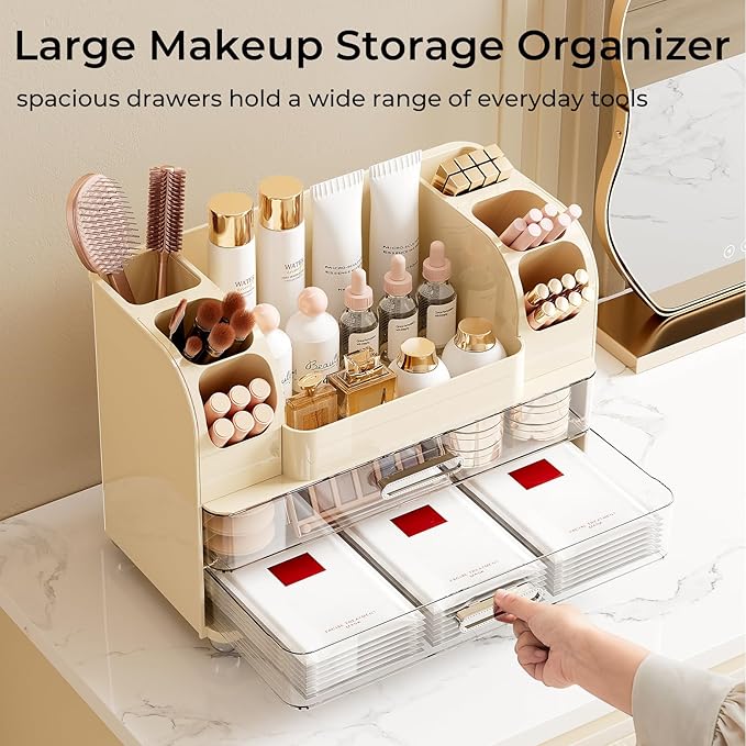 Makeup Organizer for Vanity with 2 Large Drawers, Cosmetic Display Case with Brush Holders, Easy to Storage for Bathroom Countertop Skincare, Desk Office Supplies, Cream White
