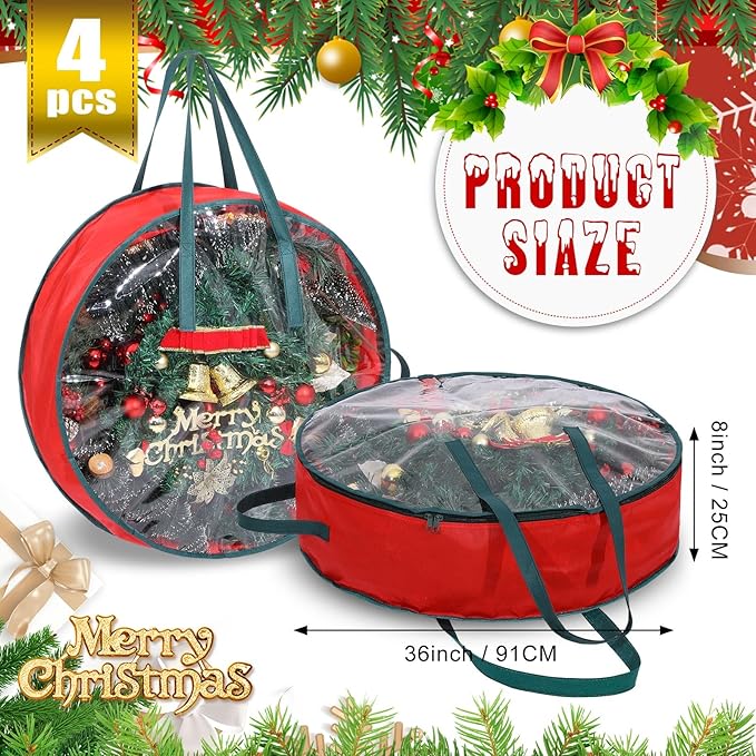 Shappy 4 Pcs Christmas Wreath Storage Bag Clear Wreath Box Wreath Storage Containers with Clear Window and Handle Christmas Garland Storage Containers for Xmas Holiday Seasonal Storage (36 Inch)