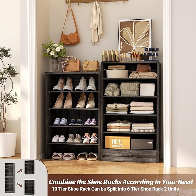 Aheaplus Tall Shoe Cabinet, 10 Tiers Narrow Wood Shoe Rack, Shoe Storage Organizer with Open Storage, Vertical Shoe Shelf Tower for 20-22 Pairs, Space Saving, for Closet, Entryway, Bedroom, Black Oak