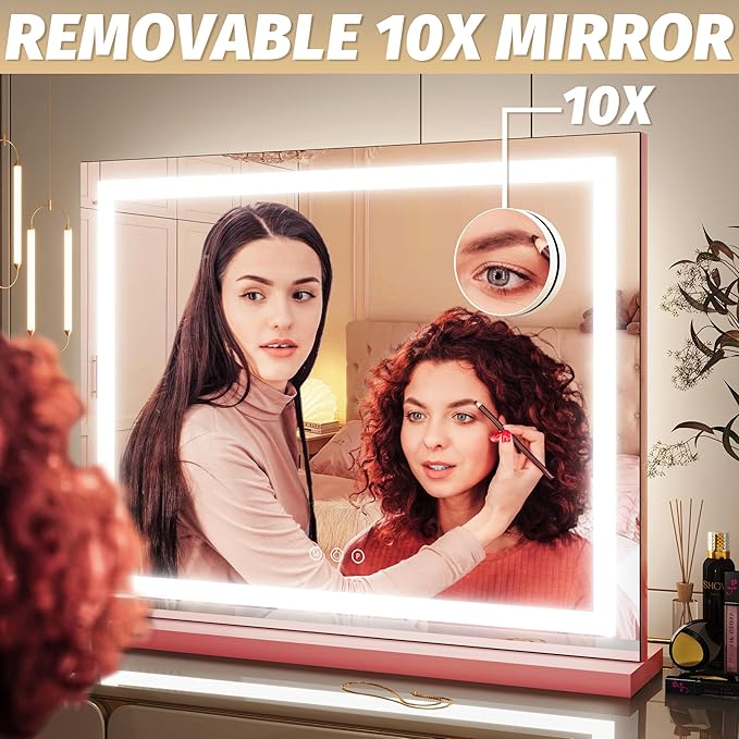 FENNIO Vanity Mirror with Lights 23"x18", Lighted Makeup Mirror, Large Vanity Mirror, Touch Sensor with 3-Color Lighting, 10X Magnification and USB Charging Port for Vanity Desk（Square Pink）