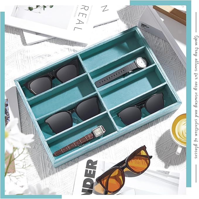 Amylove 2 Pcs Sunglass Organizer Trays Glasses Stackable Jewelry Trays Sunglass Organizer Display Box(8 Grids,Light Blue)