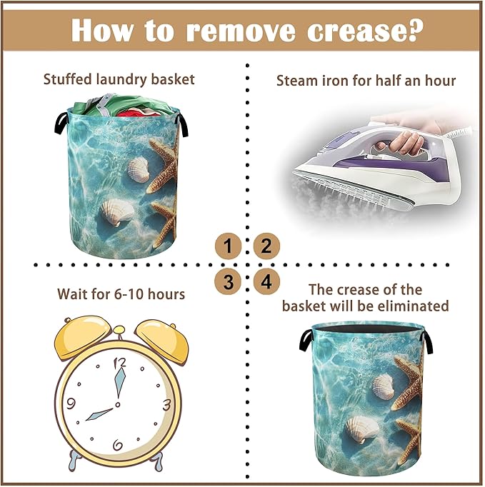 Starfish Shells Laundry Basket,Sea Beach Collapsible Laundry Baskets with Handles,Waterproof Oxford Cloth Storage Basket 16"x20" for Bathroom/Bedroom/Dormitories