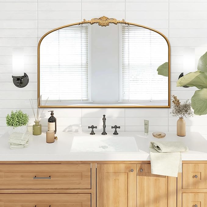 Besdomus Ornate Arched Large Mirror: 48"x33" Oversize Gleaming Gold Vintage Wall Mounted Mirror - Baroque Traditional Antique for Fireplace/Bathroom/Living Room - Home Decor for Homemakers