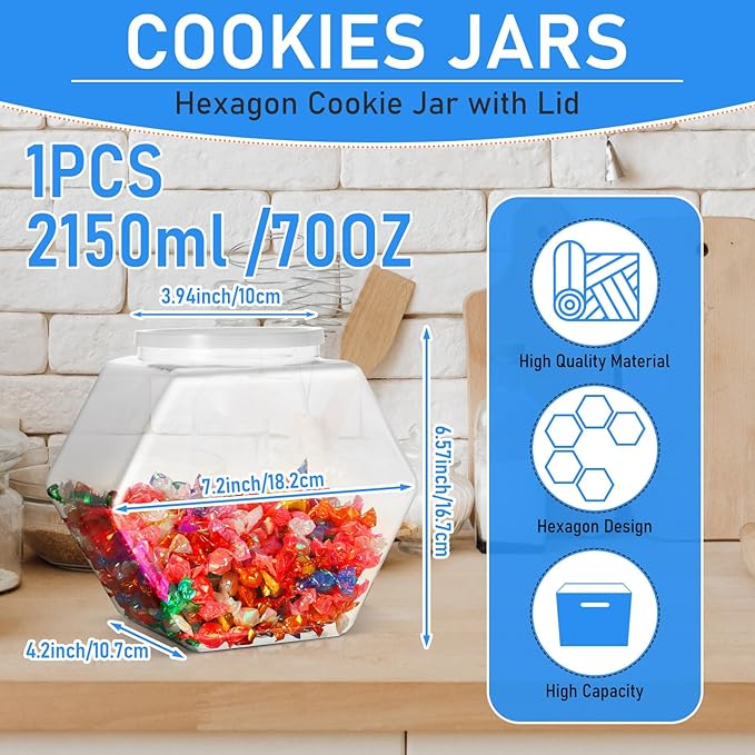 Uiifan 1 Piece Plastic Candy Jar with Lid Cookie Jar Clear Hexagonal Fish Bowls Containers for Snacks, Dog Food, Desk Pet, Craft and Sewing Supplies, Coffee Pod, Laundry Pod Storage Display(70 oz)