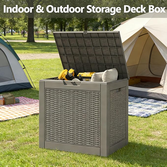 35 Gallon Outdoor Storage Box, Resin Deck Boxes Outdoor Waterproof For Patio Furniture, Garden Tools, Pool Supplies, Lockable And UV Resistant (Rattan Gray)