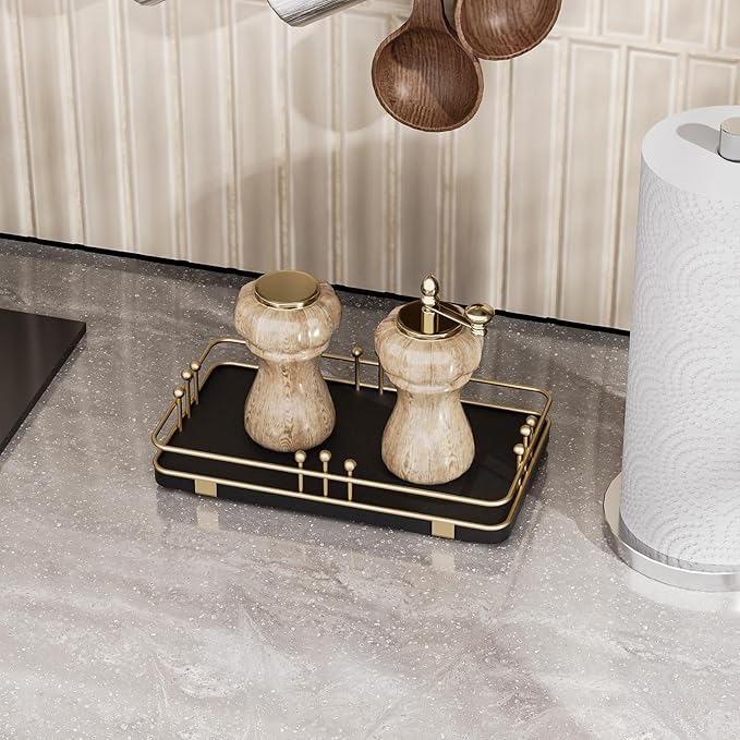 Bathroom Vanity Tray for Toiletries Makeup Perfume Candle Toilet Tank, Kitchen Tray for Soap Dispenser Spice Salt, Small Tray for Countertop Decor Coffee Nightstand 7.9”x4.4” Black-Gold