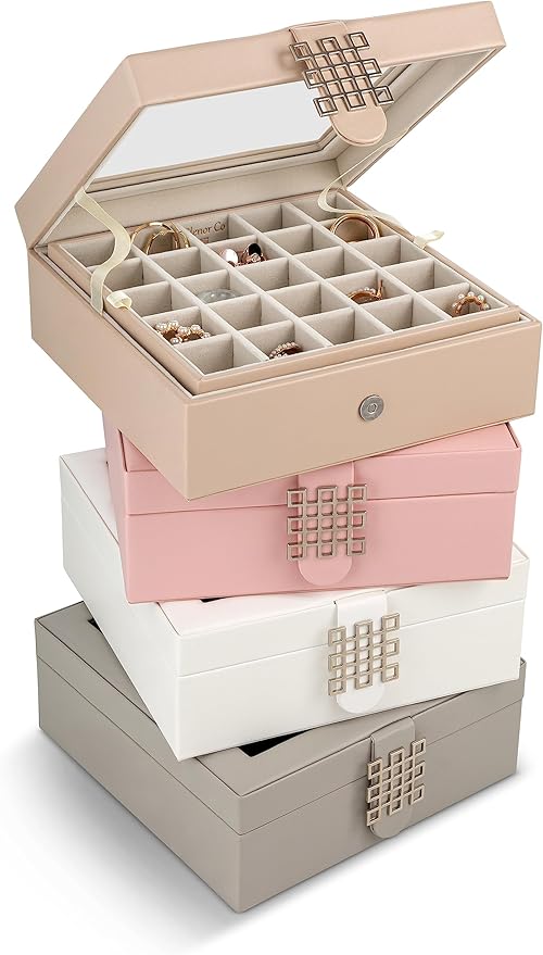 Glenor Co Earring Organizer - Classic 50 Section Jewelry Box/Case/Holder for Earrings, Rings, Necklaces, Jewelry, Cufflinks or Collections -2 Layer Small Compartments with Large Glass Top - Grey