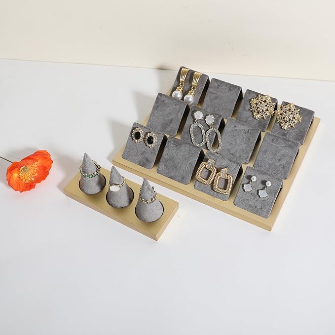 GemeShou grey jewelry ring display holder for selling, velvet ring cone display stand, cute cone shaped ring holder with golden coated base,Small jewelry ring storage organizer【Ring holder-grey】