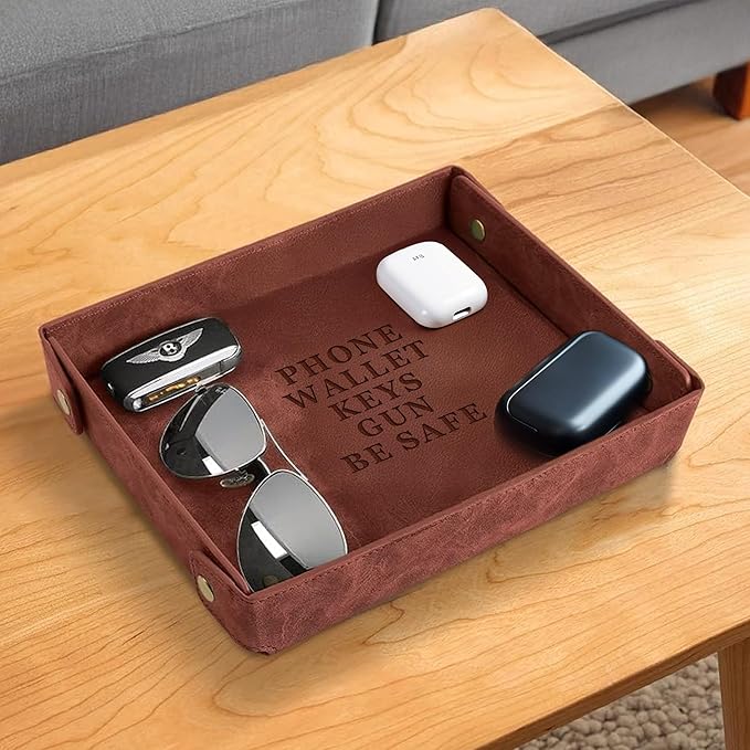 Engraved PU Leather Valet Tray – Personalized Light Coffee Catchall with Custom Name – Organizer for Keys, Wallet, Jewelry – Meaningful Gift for Couples, Home, Office