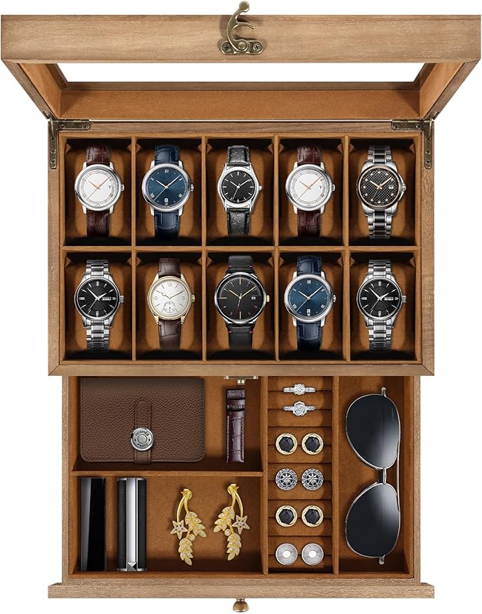 Uten 10-Slot Watch Box, 2-Layers Solid Wood Watch Display Case with Glass Lid, Watch Holder Organizer with Soft Pillow and Velvet Lining, Watch and Jewelry Storage Box, Brown