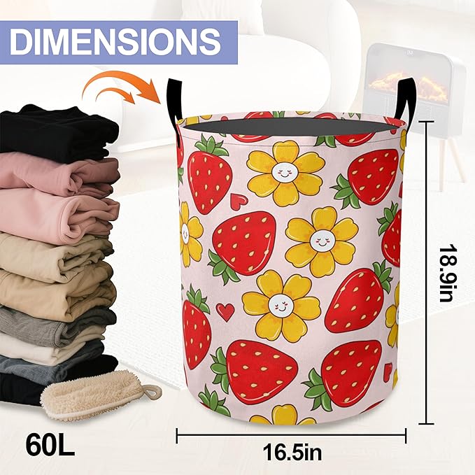 Groovy Strawberry Laundry Basket-Large Foldable Hamper Holder Portable Tall Collapsible Laundry Hamper Storage Basket Bin with Handles, Canvas & Waterproof lining for Household Items