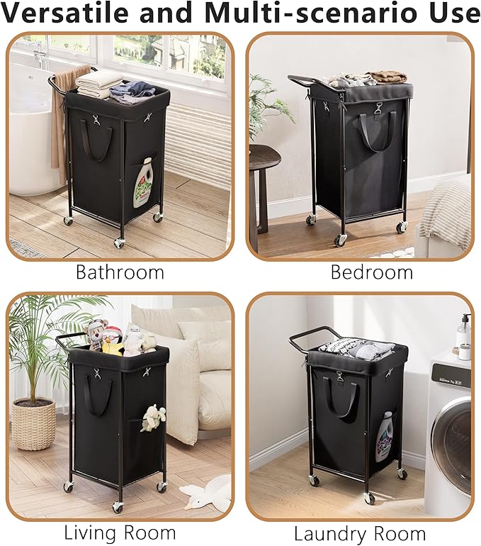 110L Laundry Basket with Wheels, Rolling Laundry Hamper with Metal Frame and Removable Bag, Dirty Clothes Hampers for Bedroom, Bathroom, Dorm Room, Black
