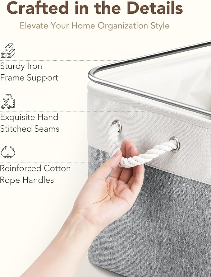 13x15x13 Storage Cube Bins, Heavy Duty Foldable Fabric Storage Bins with Handles and Metal Frame, 6 Pack Large Closet Organizer Bins for Clothes, Socks, Towels, White Grey