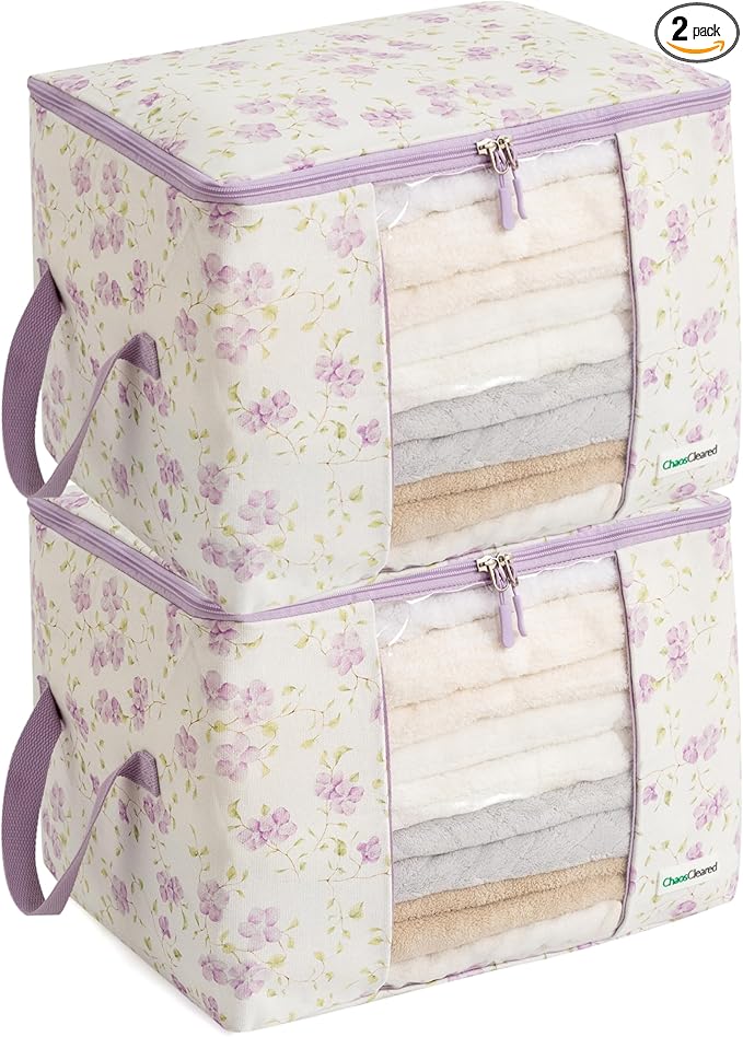 Canvas Storage Bags 2 Pack Designer Organizer bags for Clothes, sweaters, clothing, garments, quilt, linens, large folding organizers with zip & window, moth proof space saver Purple floral Print