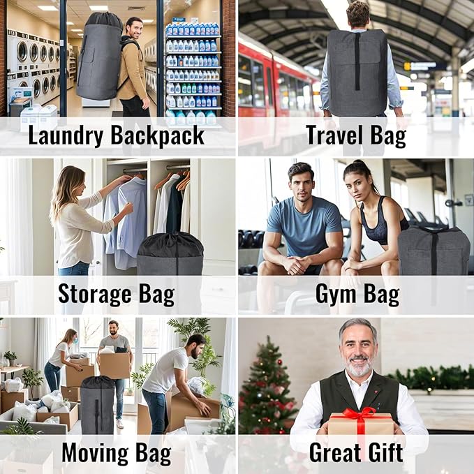 Laundry Bag Backpack, 125L Extra Large Laundry Backpack with Shoulder Straps, Adjustable Extendable Laundry Hamper Bag with 3 Pockets for College, Travel, Camping (Dark Gray)