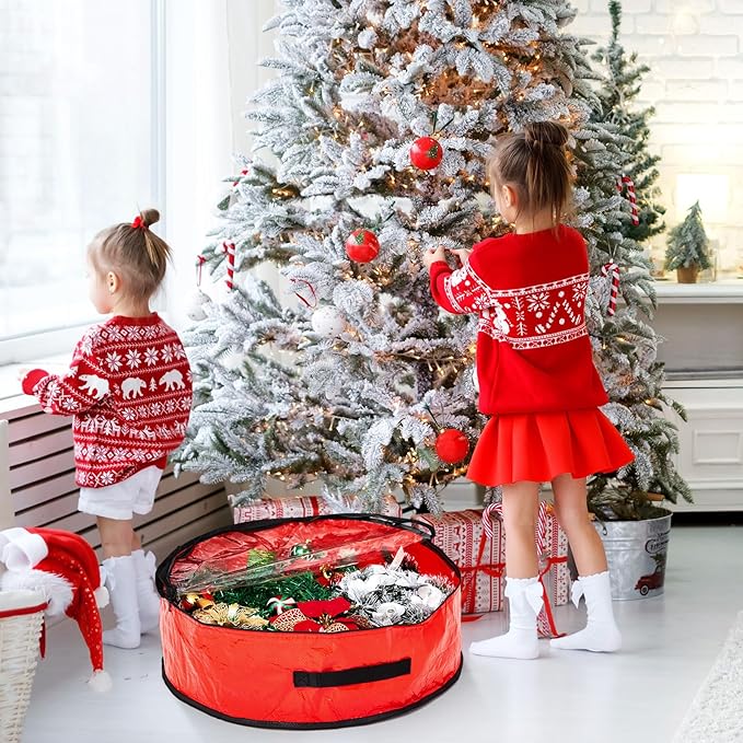 4 Pcs Christmas Wreath Storage Bag, Christmas Garland Storage Container with Clear Window, Zipper & Handle for Xmas Holiday Seasonal Wreath Garland Box(Red,30")