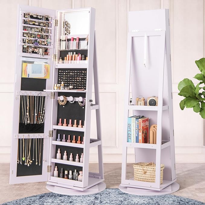 GOFLAME 360° Rotating Jewelry Cabinet with Full-Length Mirror, Freestanding Jewelry Armoire with 3-Color LED Light and Back Storage Shelf, Lockable Jewelry Organizer for Bedroom Cloakroom, Lavender