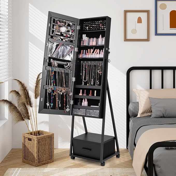CHARMAID Rolling Jewelry Cabinet with Full Length Mirror, 62'' Floor Standing Jewelry Armoire with Wheels and Metal Frame, Lockable Jewelry Organizer with Large Storage Drawer (Black)